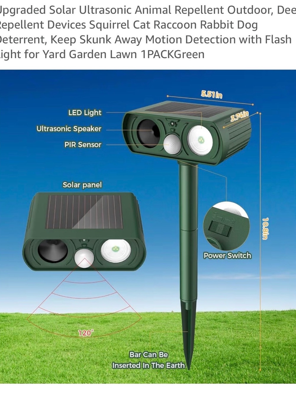 Solar- Powered Outdoor Ultrasonic Animal Repellent with LED Flash - Green